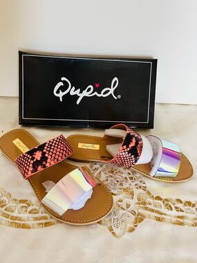 Qupid Pink & Black Snakeskin Slide Sandals